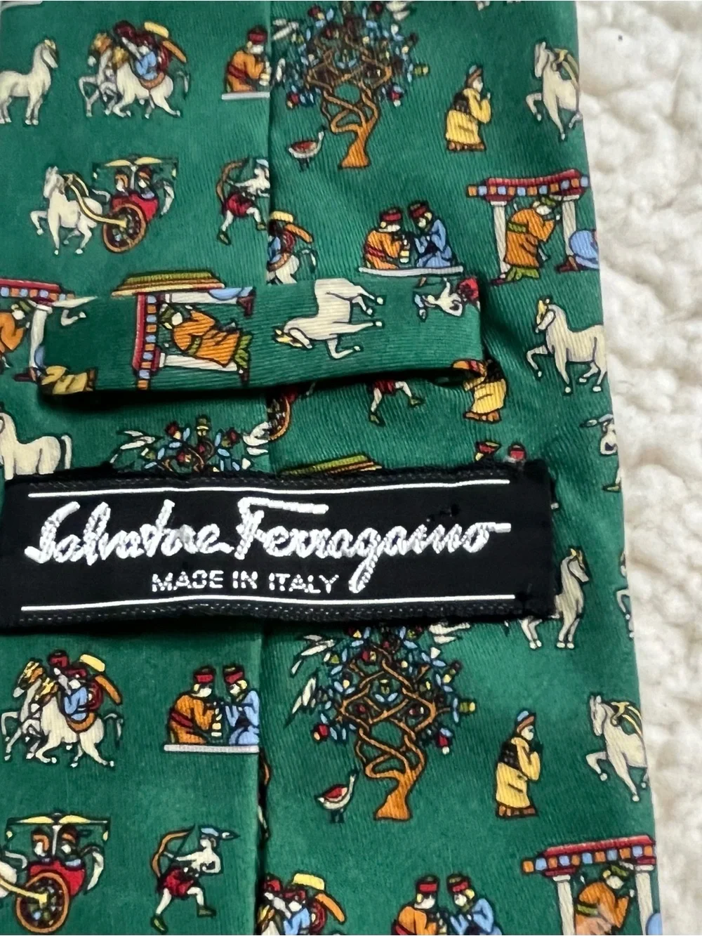 Salvatore Ferragamo Human History Silk Tie Green Novelty Horse Chariot Italy